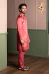 Kaaj Button_Peach Satin, Linen Embroidery, Sequins Block Kurta Set _Online_at_Aza_Fashions