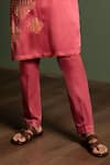 Buy_Kaaj Button_Peach Satin, Linen Embroidery, Sequins Block Kurta Set _Online_at_Aza_Fashions