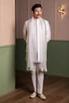 Buy_Kaaj Button_White Silk, Cotton Satin, Organza Applique, Embroidery, Leather Sherwani Set _Online_at_Aza_Fashions