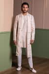 Buy_Kaaj Button_Beige Silk, Cotton Satin Mirrors Work Sherwani Set _at_Aza_Fashions