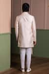 Shop_Kaaj Button_Beige Silk, Cotton Satin Mirrors Work Sherwani Set _at_Aza_Fashions
