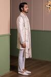 Shop_Kaaj Button_Beige Silk, Cotton Satin Mirrors Work Sherwani Set _Online_at_Aza_Fashions