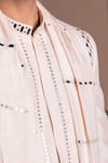 Kaaj Button_Beige Silk, Cotton Satin Mirrors Work Sherwani Set _at_Aza_Fashions