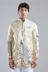 Buy_Arihant Rai Sinha_Cream Tissue Embroidery Peacock Kurta With Koti Jacket _at_Aza_Fashions