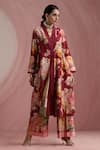 Buy_Moh India_Burgundy Chanderi Silk, Organza The Maharani Bagh Side Gathered Kurta Pant Set _at_Aza_Fashions