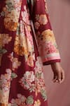 Moh India_Burgundy Chanderi Silk, Organza The Maharani Bagh Side Gathered Kurta Pant Set _at_Aza_Fashions