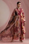Moh India_Burgundy Chanderi Silk, Organza The Maharani Bagh Side Gathered Kurta Pant Set _Online