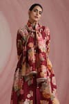 Buy_Moh India_Burgundy Chanderi Silk, Organza The Maharani Bagh Side Gathered Kurta Pant Set _Online