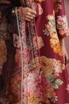 Moh India_Burgundy Chanderi Silk, Organza Mandarin The Maharani Bagh Kurta Pant Set _at_Aza_Fashions