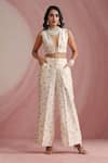 Shop_Moh India_Ivory Chanderi Silk, Organza V-, Open Palace Petals Overlay Trouser Set _at_Aza_Fashions