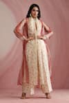 Buy_Moh India_Ivory Chanderi Silk, Organza V-, Open Palace Petals Overlay Trouser Set _at_Aza_Fashions