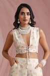 Shop_Moh India_Ivory Chanderi Silk, Organza V-, Open Palace Petals Overlay Trouser Set 