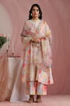 Moh India_Ivory Chanderi Silk, Cotton, Organza Round Neck Courtyard Gardens Kurta Pant Set _Online