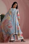 Buy_Moh India_Sky Blue Chanderi Silk, Cotton, Organza Powder Light Blossoms Kurta Pant Set _at_Aza_Fashions