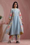 Buy_Moh India_Sky Blue Chanderi Silk, Cotton, Organza Powder Light Blossoms Kurta Pant Set _Online_at_Aza_Fashions