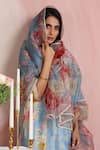 Moh India_Sky Blue Chanderi Silk, Cotton, Organza Powder Light Blossoms Kurta Pant Set _at_Aza_Fashions