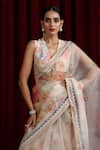 Buy_Moh India_Ivory Organza Piping V-neck Mohtarmas Rose Garden Saree With Blouse _Online_at_Aza_Fashions