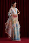 Moh India_Sky Blue Organza, Chanderi Silk V-neck Rani Bloom Powder Saree With Blouse _Online_at_Aza_Fashions