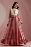 Shop_Moh India_Red Organza, Chanderi Silk V-neck, Round Palace Petals Embroidered Lehenga Set _Online_at_Aza_Fashions