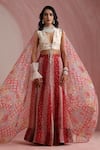 Buy_Moh India_Red Organza, Chanderi Silk V-neck, Round Palace Petals Embroidered Lehenga Set _at_Aza_Fashions