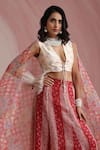 Shop_Moh India_Red Organza, Chanderi Silk V-neck, Round Palace Petals Embroidered Lehenga Set 