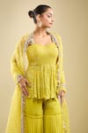 Shop_Samyukta Singhania_Yellow Georgette Sequins, Embroidery Sweetheart Neck Peplum Kurta Gharara Set _Online_at_Aza_Fashions