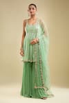 Buy_Samyukta Singhania_Mint Georgette, Net Sequins, Embroidery Sweetheart Neck Peplum Kurta Gharara Set _at_Aza_Fashions