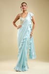Buy_Samyukta Singhania_Blue Satin Beads Sweetheart Neck Ruffle Pre-draped Saree With Blouse _at_Aza_Fashions