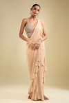 Buy_Samyukta Singhania_Beige Georgette Embroidery Sweetheart Neck Ruffle Pre-draped Saree With Blouse _at_Aza_Fashions