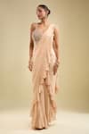 Samyukta Singhania_Beige Georgette Embroidery Sweetheart Neck Ruffle Pre-draped Saree With Blouse _Online_at_Aza_Fashions