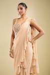 Shop_Samyukta Singhania_Beige Georgette Embroidery Sweetheart Neck Ruffle Pre-draped Saree With Blouse _Online_at_Aza_Fashions