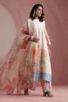 Buy_Moh India_Ivory Chanderi Silk, Organza Round Neck Rose Mahal Kurta Pant Set _at_Aza_Fashions