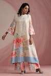 Moh India_Ivory Chanderi Silk, Organza Round Neck Rose Mahal Kurta Pant Set _at_Aza_Fashions