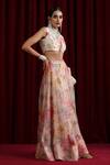 Buy_Moh India_Ivory Organza, Chanderi Silk Piping V-neck Rose Mahal Embroidered Lehenga Set _Online_at_Aza_Fashions