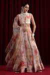 Buy_Moh India_Ivory Organza, Chanderi Silk Piping V-neck Rose Mahal Embroidered Lehenga Set _at_Aza_Fashions