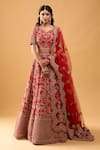 Azeera_Red Sequins, Embroidery Leaf Neck Bridal Lehenga Set _Online_at_Aza_Fashions