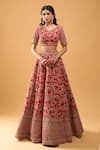 Buy_Azeera_Red Sequins, Embroidery Leaf Neck Bridal Lehenga Set _Online_at_Aza_Fashions