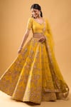 Buy_Azeera_Yellow Tassels, Embroidery Leaf Neck Mustard Floral Lehenga Set _Online_at_Aza_Fashions