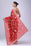 Shop_Azeera_Red Embroidery, Metallic Thread Floral Saree With Unstitched Blouse Piece _at_Aza_Fashions