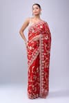 Buy_Azeera_Red Embroidery, Metallic Thread Floral Saree With Unstitched Blouse Piece _Online_at_Aza_Fashions