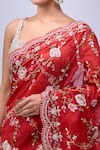Azeera_Red Embroidery, Metallic Thread Floral Saree With Unstitched Blouse Piece _at_Aza_Fashions