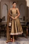 Buy_Pomcha Jaipur_Gold Taffeta, Silk, Net Gota Patti, Tassels Sweetheart Neck Anarkali Set _at_Aza_Fashions