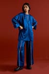 Three_Blue Satin, Lycra Embroidery Open Neck Wide Sleeve Jacket And Pant Set _Online_at_Aza_Fashions