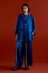 Buy_Three_Blue Satin, Lycra Embroidery Open Neck Wide Sleeve Jacket And Pant Set _at_Aza_Fashions