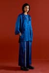 Three_Blue Satin, Lycra Embroidery Open Neck Wide Sleeve Jacket And Pant Set _at_Aza_Fashions