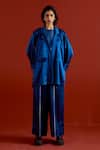 Buy_Three_Blue Satin, Lycra Embroidery Open Neck Wide Sleeve Jacket And Pant Set 