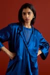 Shop_Three_Blue Satin, Lycra Embroidery Open Neck Wide Sleeve Jacket And Pant Set 