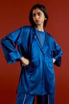 Three_Blue Satin, Lycra Embroidery Open Neck Wide Sleeve Jacket And Pant Set _Online