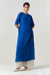 Buy_Three_Blue Crepe, Tissue Round Neck Ruching Tunic With Pant _at_Aza_Fashions