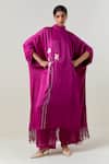 Buy_Three_Fuchsia Crepe, Satin, Poplin Applique High Purple Floral Fringe Kaftan With Pant _at_Aza_Fashions